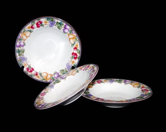 Three American Atelier Fruit n' Flowers 3379 large, rimmed soup bowls.