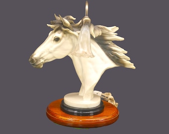 Mid century White Horse Bust | Horse Head table lamp with glass shade and wooden base.