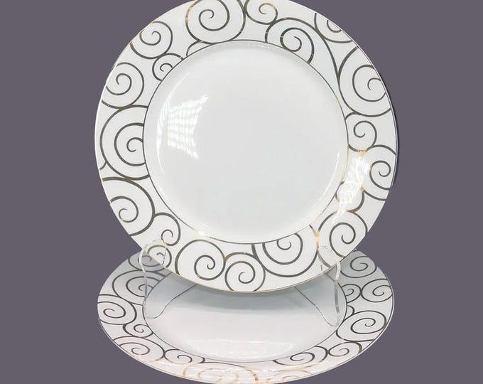 Pair of Pier 1 Gold Swirl dinner plates. Holiday | Christmas tableware.