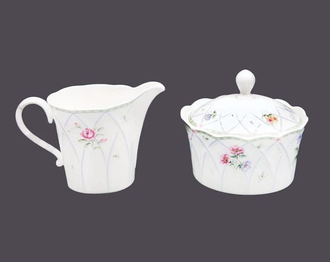 Mikasa Spring Prose A8010 bone china creamer and covered sugar bowl set made in Indonesia.