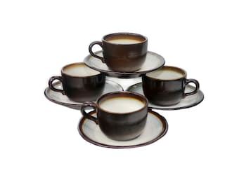 Four Franciscan Chestnut stoneware cup and saucer sets made in England.