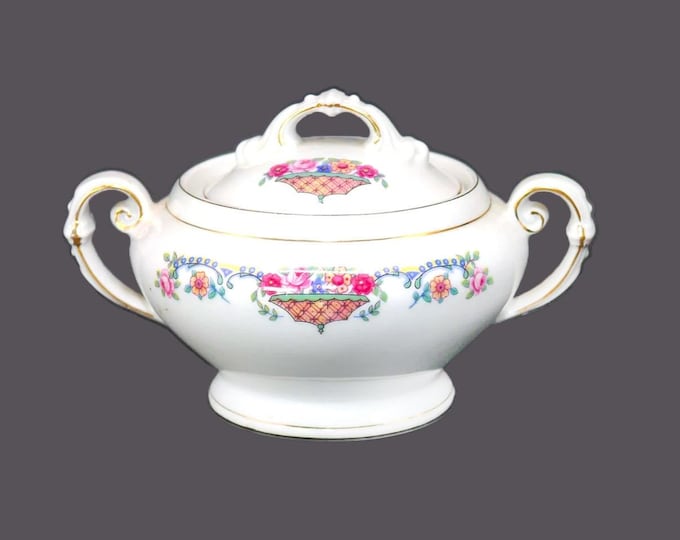 Vintage Victoria China 264 covered sugar bowl. Flowers in basket. Czechoslovakia.