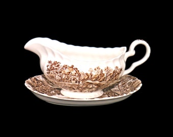 Johnson Brothers Cotswold Brown transferware gravy boat with under-plate made in England.