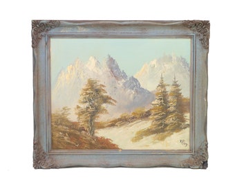 Original signed oil on canvas painting by artist V. Rooy. Landscape mountains, trees. Carved grey wood frame.