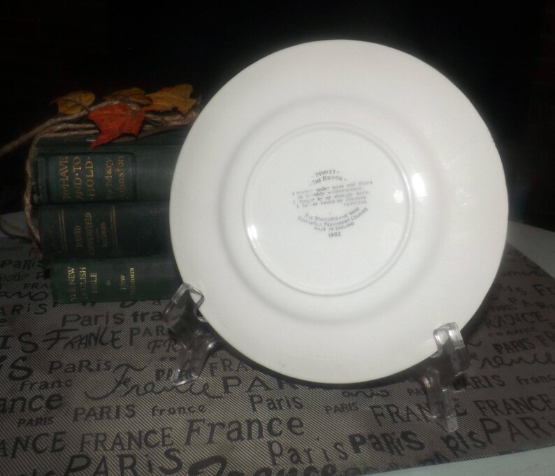 landscape scene. Red transferware bread-and-butter or side plate Vintage 1982 Tudor cottage Myott The Brook Pink
