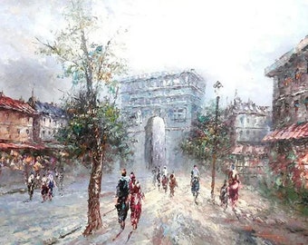 Original signed oil on canvas painting Marie Charlot. l'Arc de Triomphe, Paris street scene. Attributed 1970s Collectors Corner.