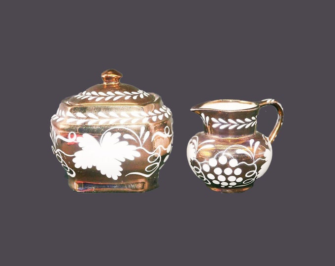 Gray's Pottery A8666 gold luster creamer and covered sugar bowl set made in England. White leaves and grapes.