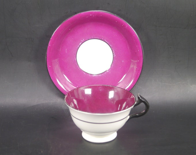 Royal Grafton 6085 aubergine wide-mouth cup and saucer set. Bone china made in England.