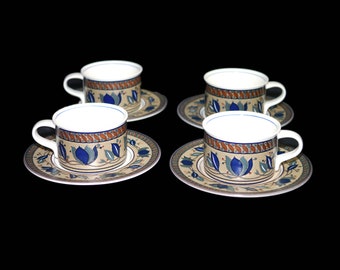 Four Mikasa Arabella CAC01 stoneware coffee cans with saucers. Intaglio vintage stoneware made in Malaysia. Flaw (see below).
