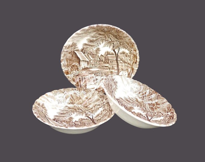 Three Johnson Brothers Watermill Brown fruit nappies, dessert bowls made in England. Flaws (see below).