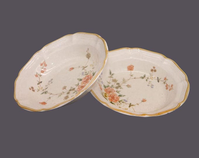 Pair of Mikasa Silk Bouquet EC463 rimmed stoneware soup bowls. Garden Club Stoneware made in Japan. Flaws (see below).