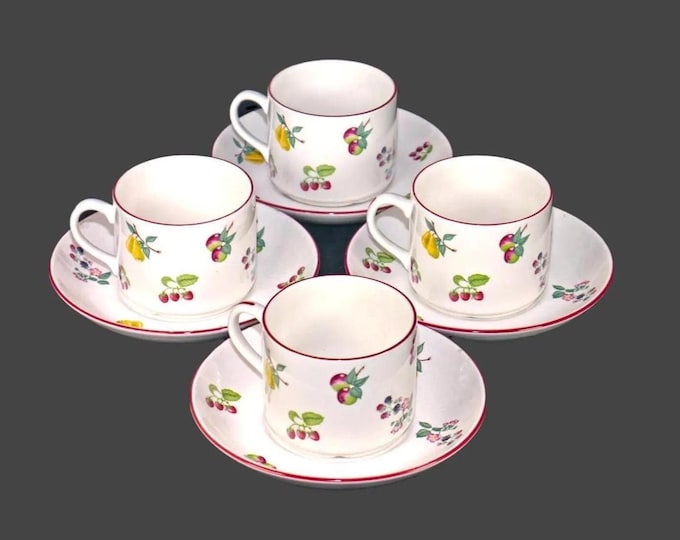 Four Wade Summer Fruit Burgundy cup and saucer sets made in England. Burgundy trim.
