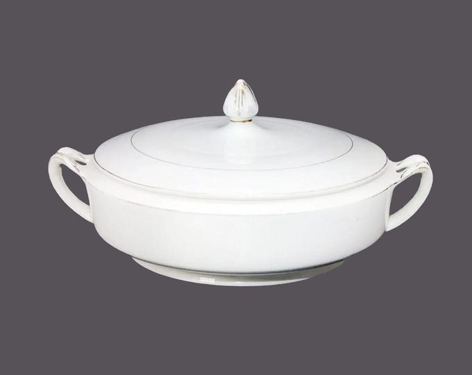 Antique Edwardian-age Alfred Meakin MEA375 covered handled vegetable serving bowl made in England. White with gold pen line.