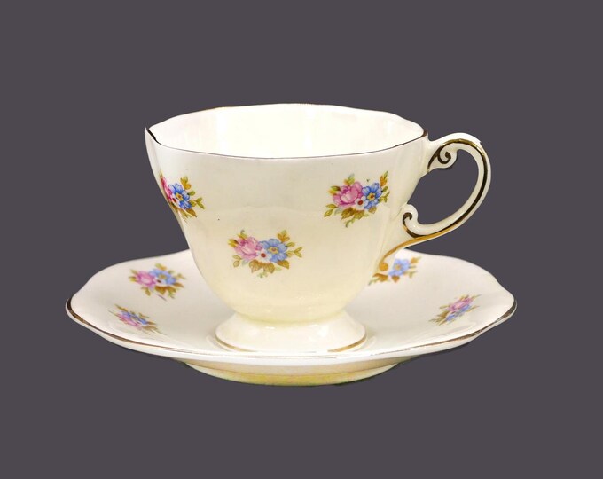 Foley V364 bone china tea set in the dainty shape made in England. Pink roses, blue and white flowers.