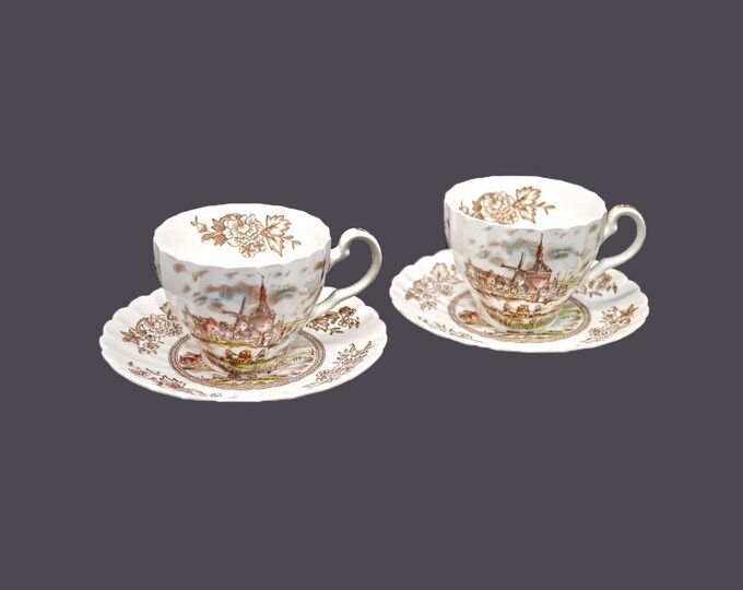 Pair of Johnson Brothers Tulip Time Brown Multicolor cup and saucer sets made in England.