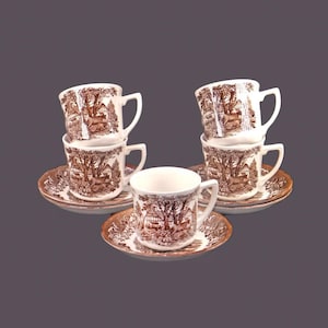 Vintage J&G Meakin Romantic England Brown transferware cup and saucer sets. 5 sets.