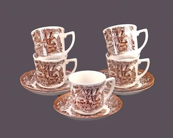 Vintage J&G Meakin Romantic England Brown transferware cup and saucer sets. 5 sets.