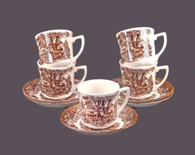 Five J&G Meakin Romantic England Brown transferware cup and saucer sets made in England.