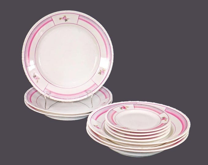 Ten pieces of Vista Alegre porcelain tableware. Pink gray bands pink roses made in Portugal. Plates, bowls.