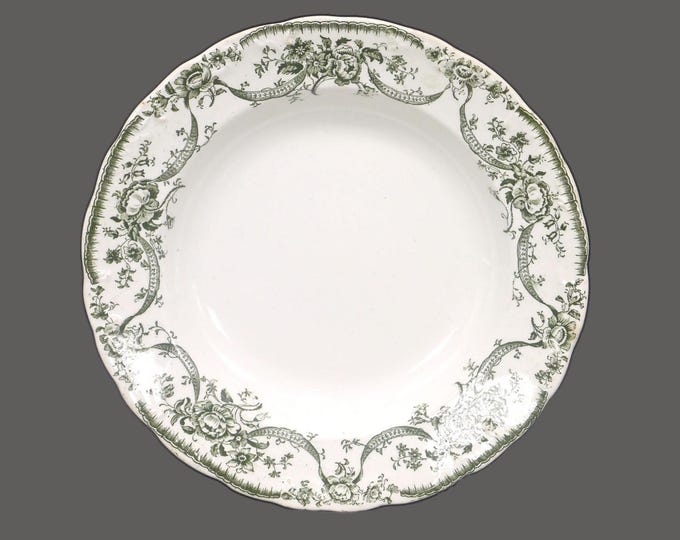 Antique Myott Rose & Ribbon Green Rimmed Soup Bowl: Edwardian tableware England