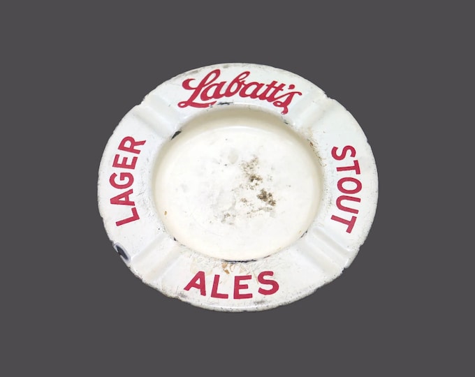 Antique Labatts Stout Lager ale tin litho ashtray. Red Labatt's cursive logo.