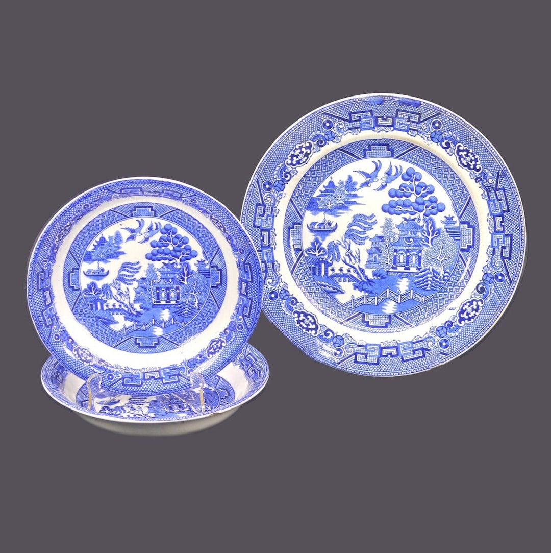 Antique Allerton's Willow Blue China: Dinner Plate & Soup Bowls