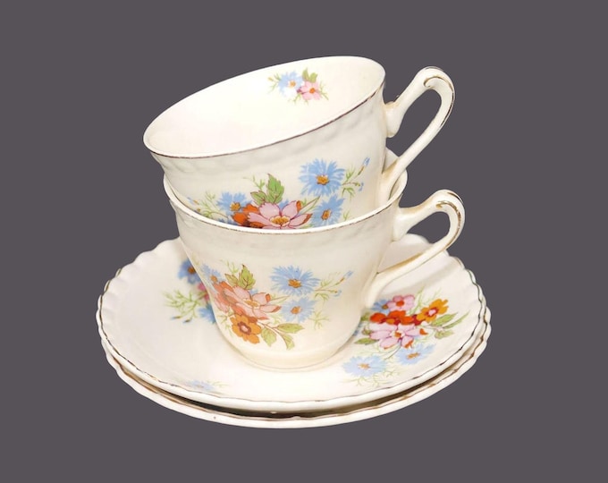 Pair of antique Edwardian Age J&G Meakin Peveril cup and saucer sets. Sol Sunshine ironstone made in England. Flaws (see below).