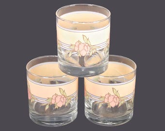 Three Cutler etched-glass lo-ball glasses made in USA. Pink flowers, peach blue bands.