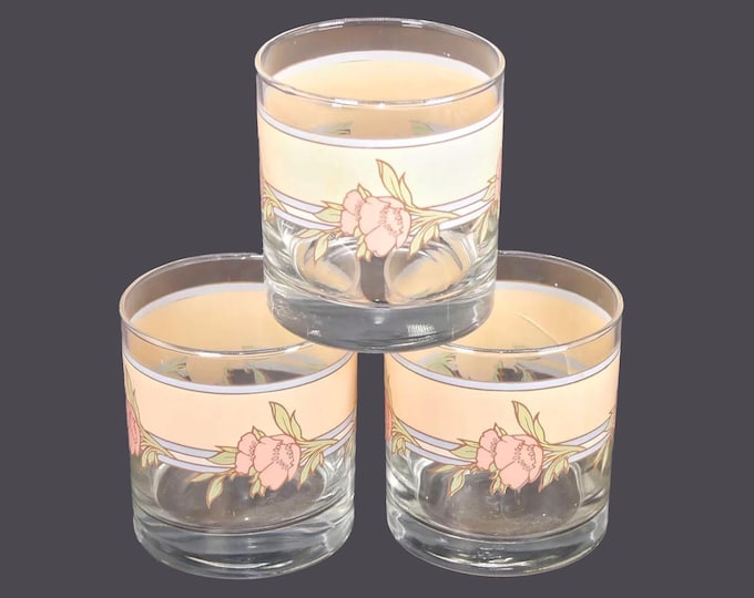Three Cutler etched-glass lo-ball glasses made in USA. Pink flowers, peach blue bands.