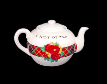 A Spot of Tea Christmas teapot. Holly Holderman for Midwest Cannon Falls. Christmas plaid, florals. Made in Japan.