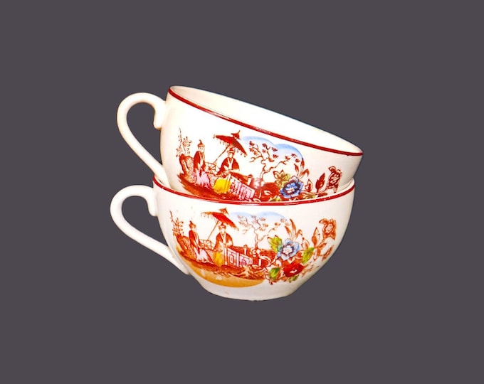 Pair of antique Gilman & C TA Sacavem Chinez Chinoiserie orphaned tea cups only made in Portugal. Flaws (see below).