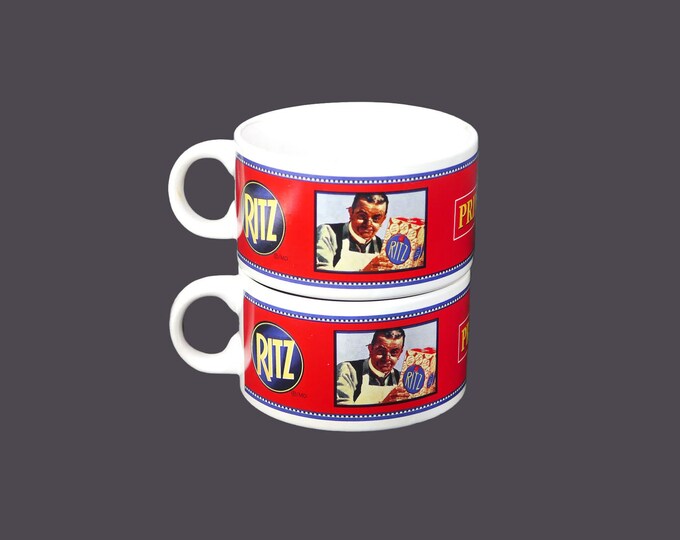 Pair of Premium Plus | Ritz crackers | Primo soup mugs.
