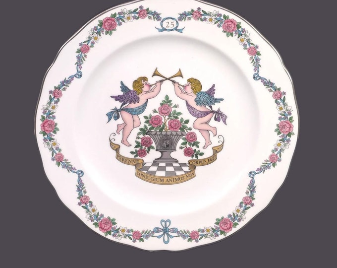 Spode 25th Wedding Anniversary collector plate. Cherubs with horns, Perenne Coniugium Animos Non Corpus Facit made in England.