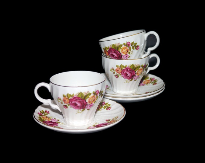 Set of three vintage (1960s) Wood & Sons Cottage Rose cup and saucer sets made in England.