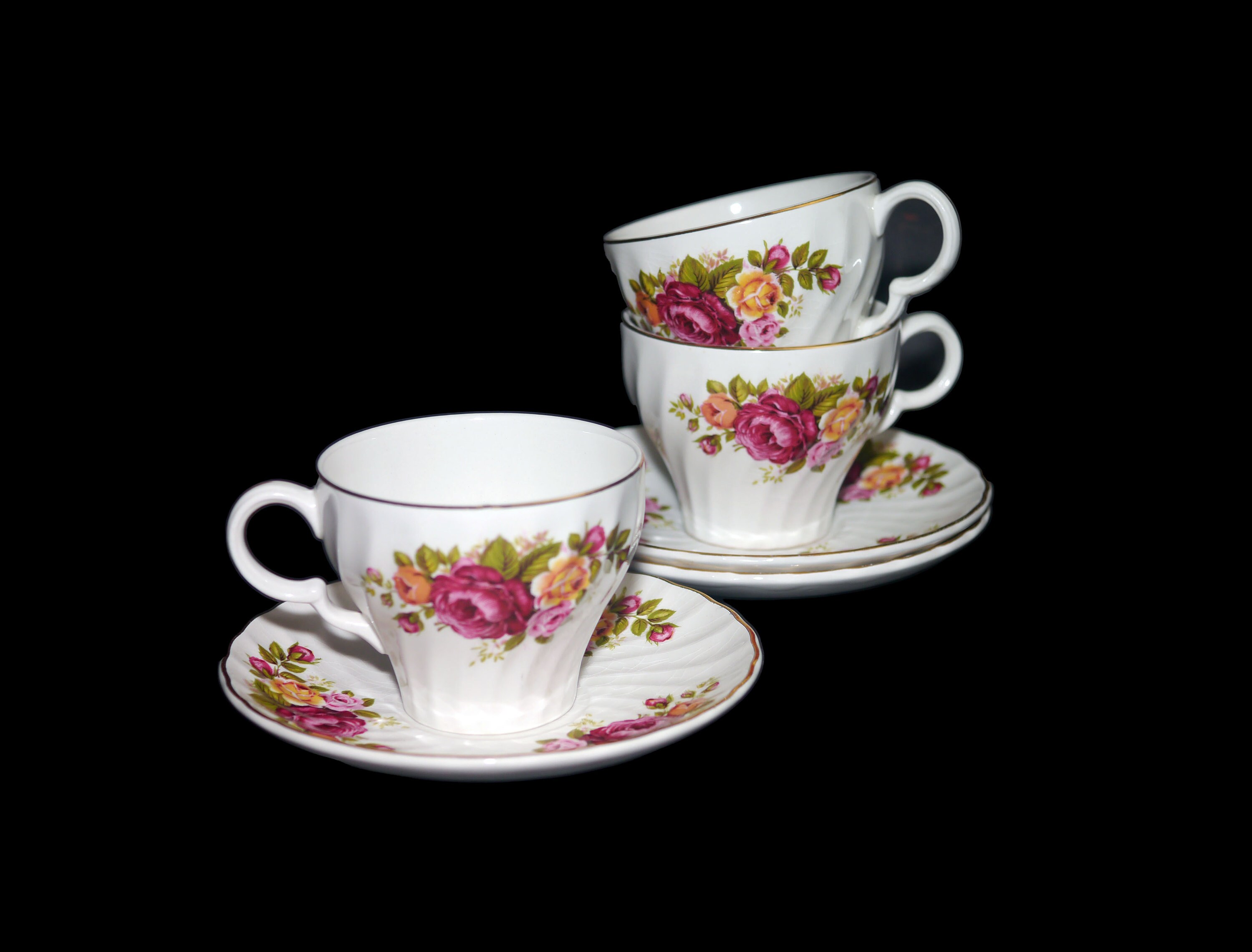 Three Wood & Sons Cottage Rose cup and saucer sets made in England.