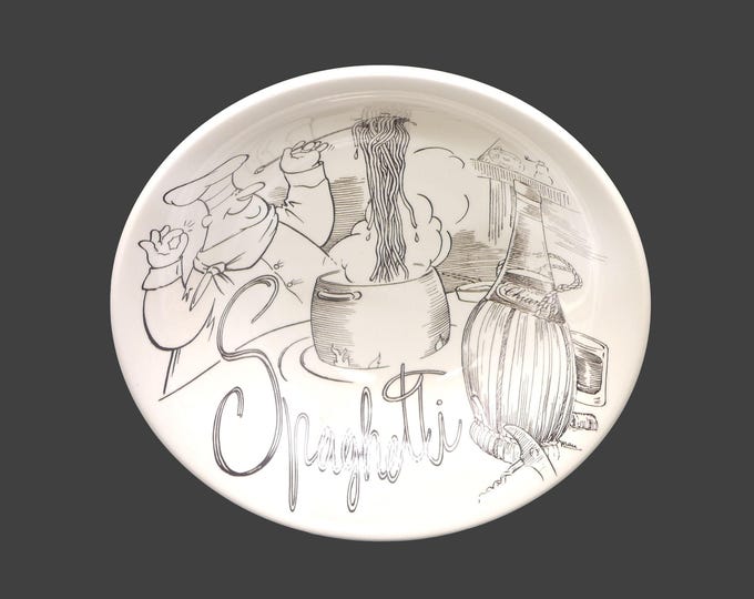 Ironstone Tableware round pasta spaghetti serving bowl. Pasta Chef Spaghetti wording in brown. Made in Italy.