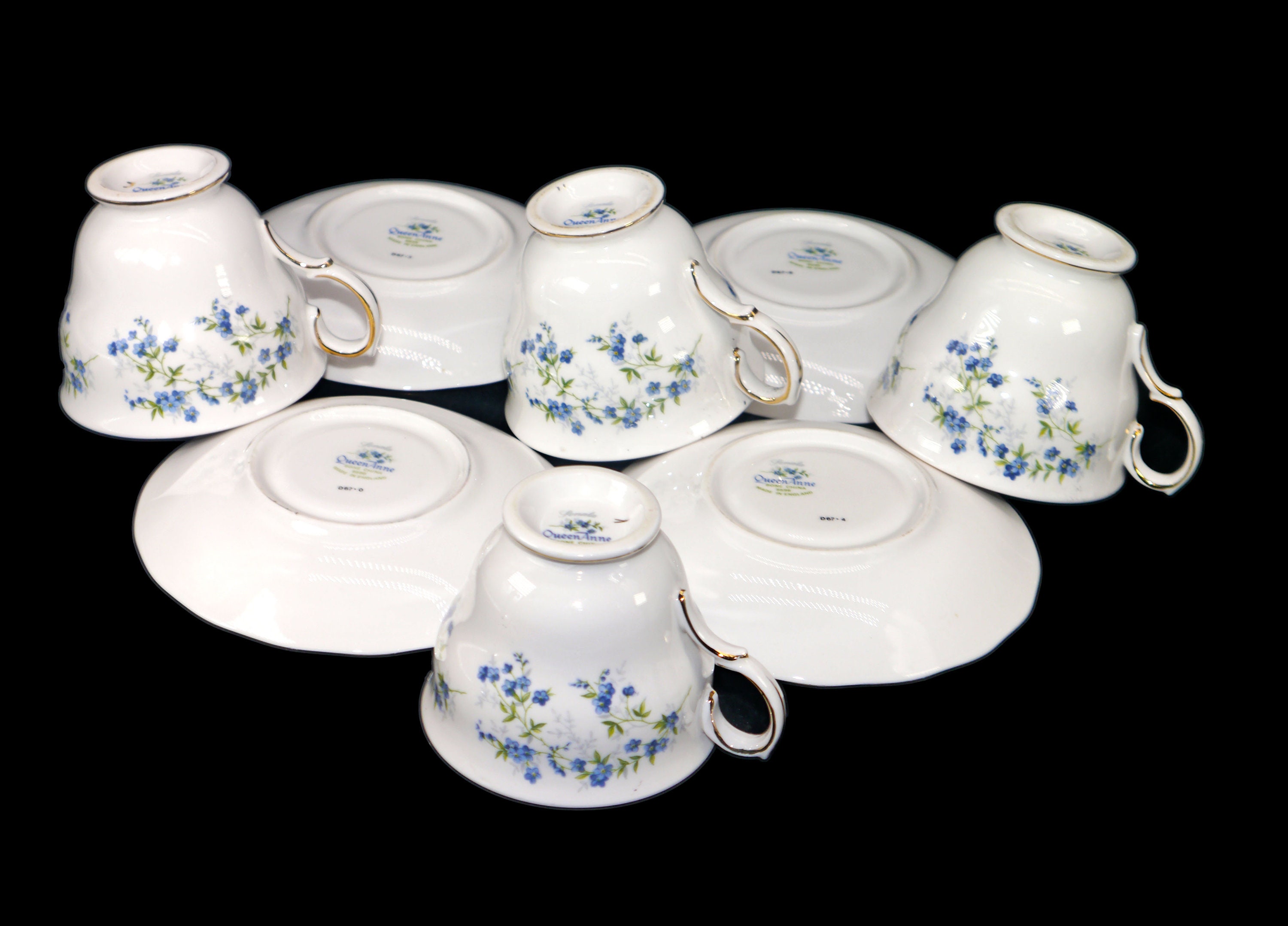 Set of midcentury Queen Anne Sonata cup and saucer sets. Bone china