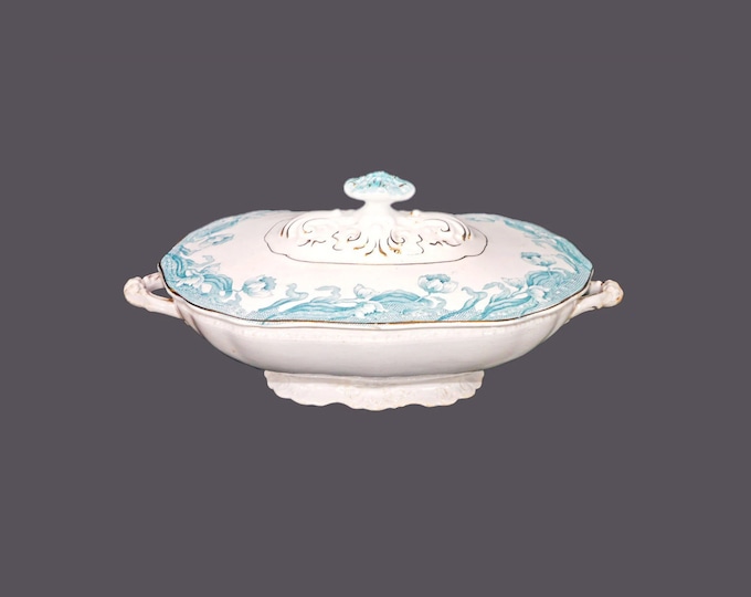 Antique Victorian-era New Wharf Pottery Geneva Green covered serving bowl made in England. Flaws (see below).