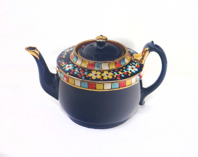 Antique Edwardian Age Price Brothers 937 redware moriage teapot. Cobalt gold accents. Made in England. Flaws (see below).