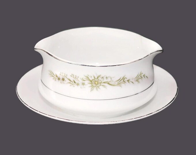 Premiere Fine China Sweet Hearts 3730 twin-spout gravy boat attached under-plate made in Japan. Flaw (see below).
