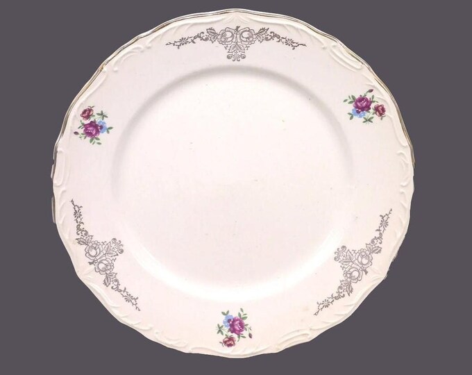 Pagnossin Treviso Terraglia Forte luncheon plate made in Italy. Red roses, gold scrolls, embossed details. Flaw (see below).