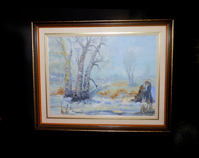 Vintage original signed oil on board winter landscape painting by Allan Harrington. Framed.