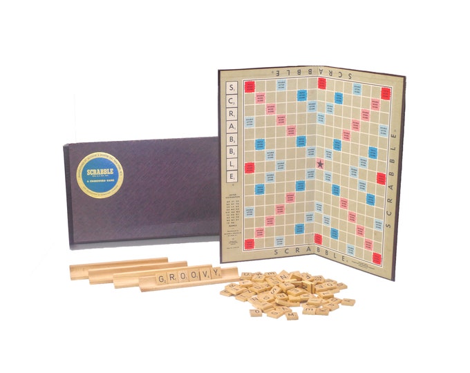 Mid-century 1953 Scrabble board game. Selchow & Righter. Wooden tile racks wooden letter tiles. Complete (no tile bag).