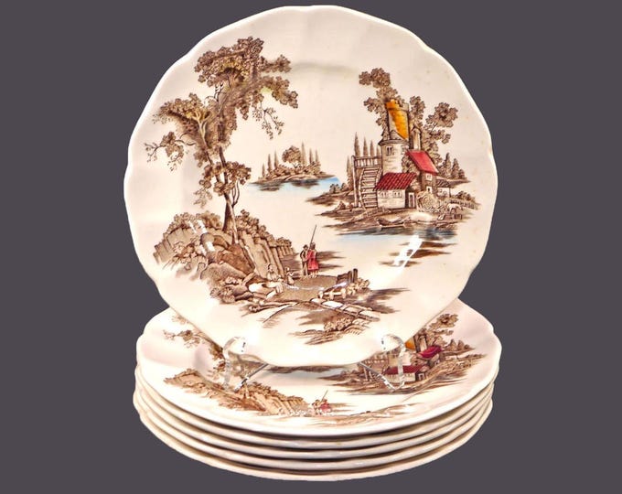 Six Johnson Brothers The Old Mill Brown Multicolor bread plates made in England.