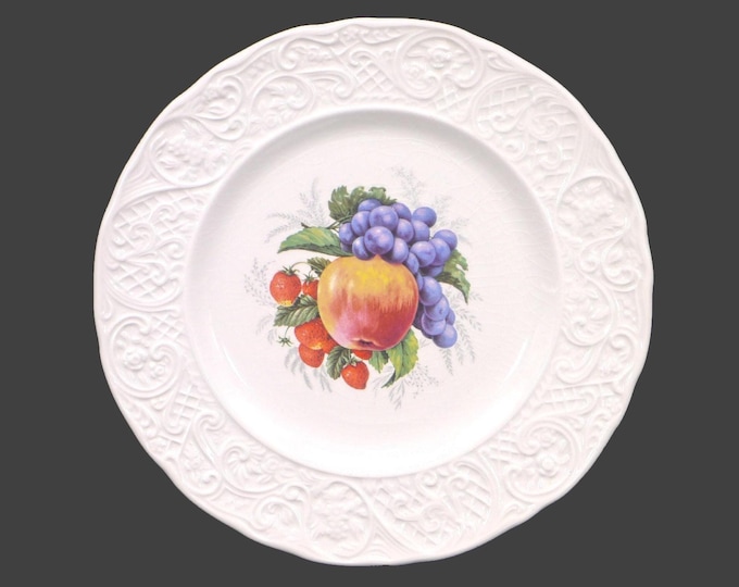 Simpsons Potters SIM14 luncheon plate. Marlborough Old English Ironstone made in England. Central peach and berries, embossed rim.