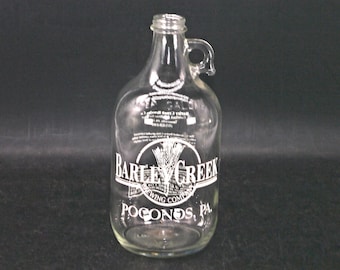 Vintage Barley Creek Brewing Poconos Mountains half-gallon bottle, etched-glass branding.