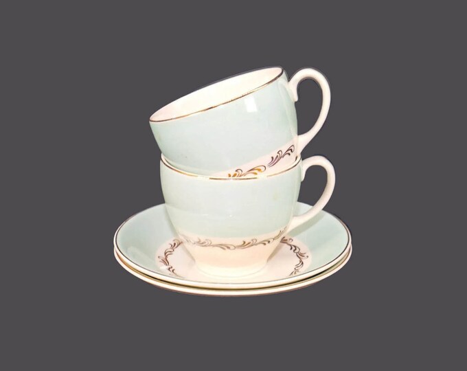 Pair of antique Edwardian Age Johnson Brothers JB917 cup and saucer sets made in England.