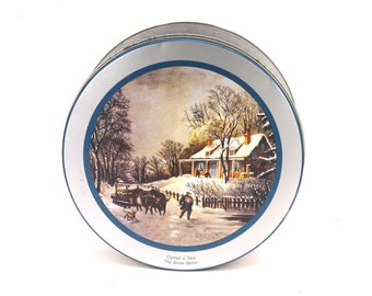 Currier & Ives The Snow Storm round cookie or biscuit tin. Schwan's Limited Holiday Edition tin for Christmas 1993.