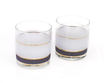 MCM Libbey Old-Fashioned Glasses: Frosted White & Gold Banded Loball Set