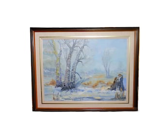 Original signed oil on board winter landscape painting by Allan Harrington. Framed.